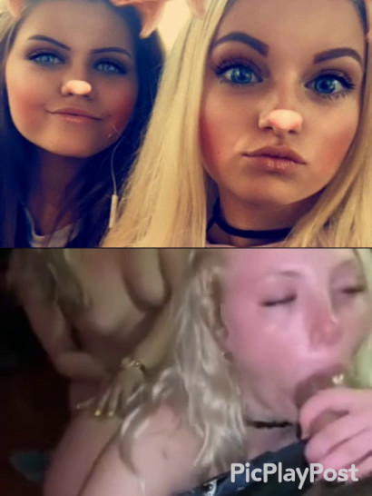Hot blonde gives blowjob with friend