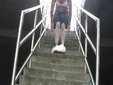 sissybecky strips on the supermarket stairs