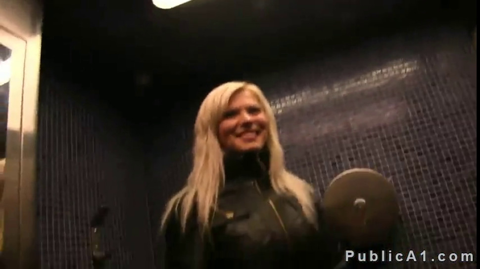 Busty blonde fucked in public restroom